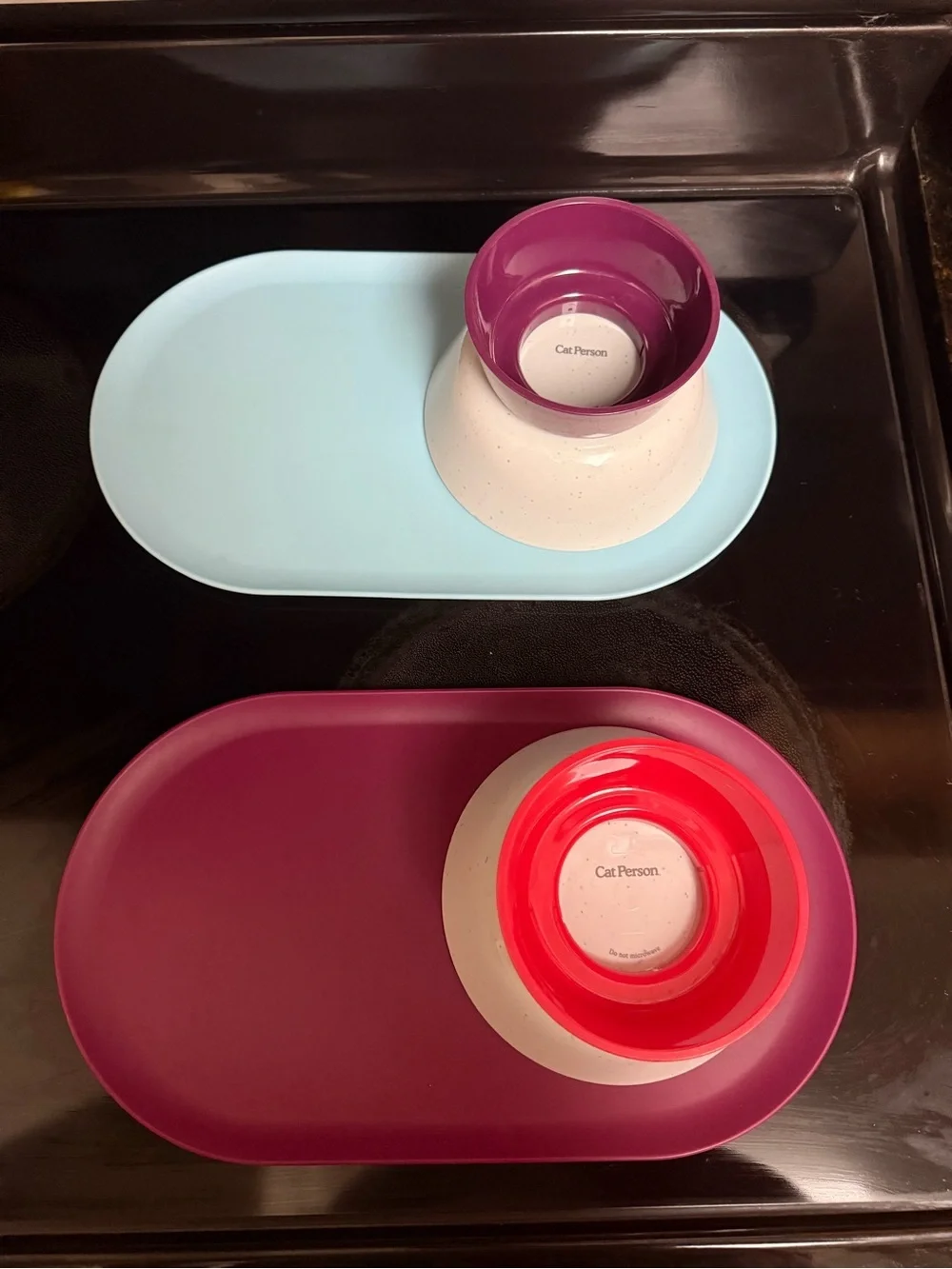 Set of Two Oval Trays with White Speckled Bowls - Blue & Magenta